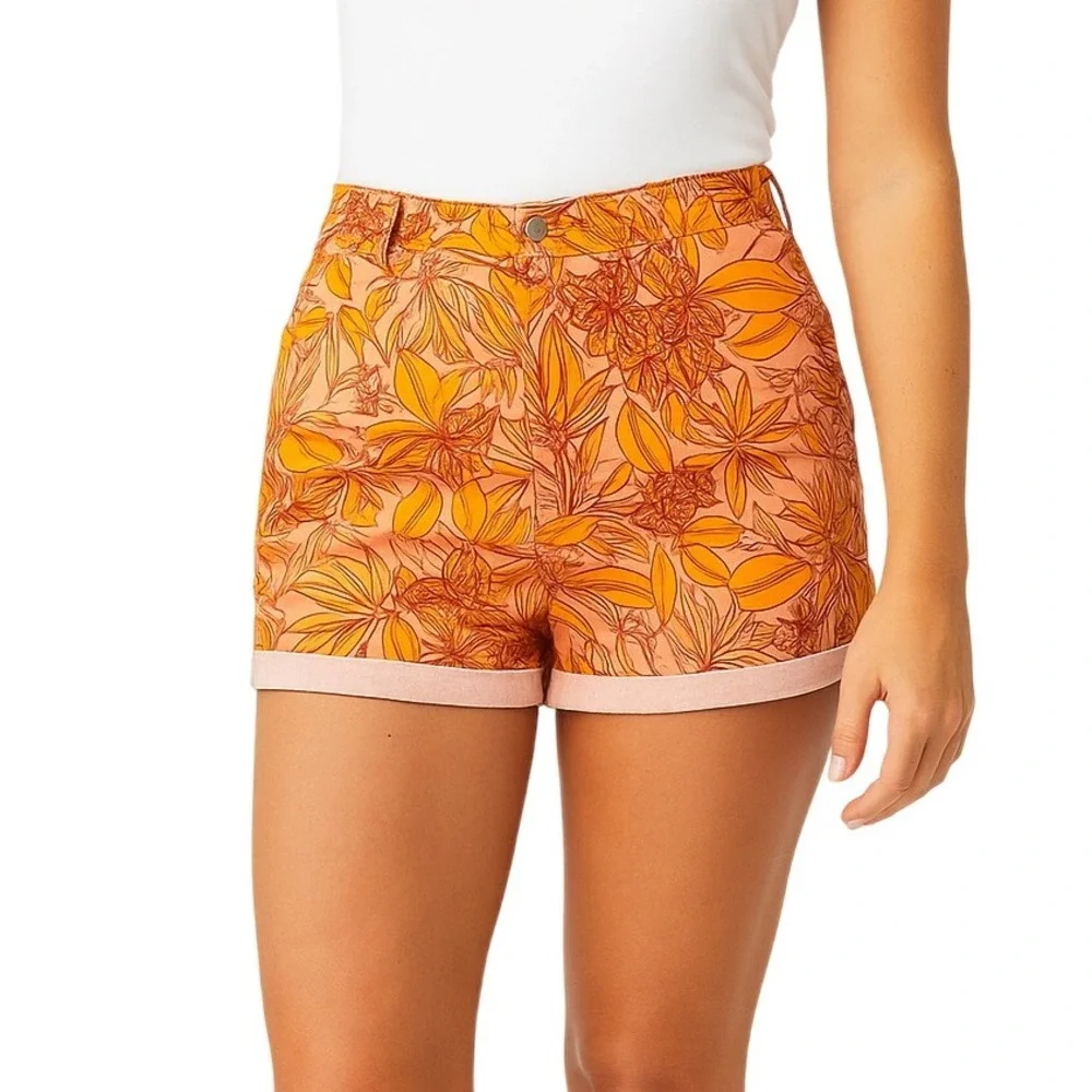 Bill Blass Jeans 12 Shorts Orange Floral Cuffed Stretch High Rise Casual Vibrant